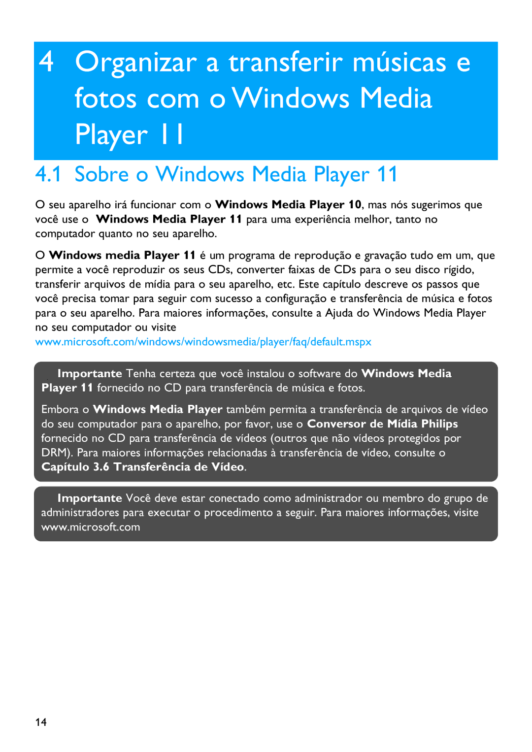 Philips SA6044, SA6045, SA6065, SA6087, SA6024, SA6015, SA6066, SA6046, SA6025, SA6014 manual Sobre o Windows Media Player 