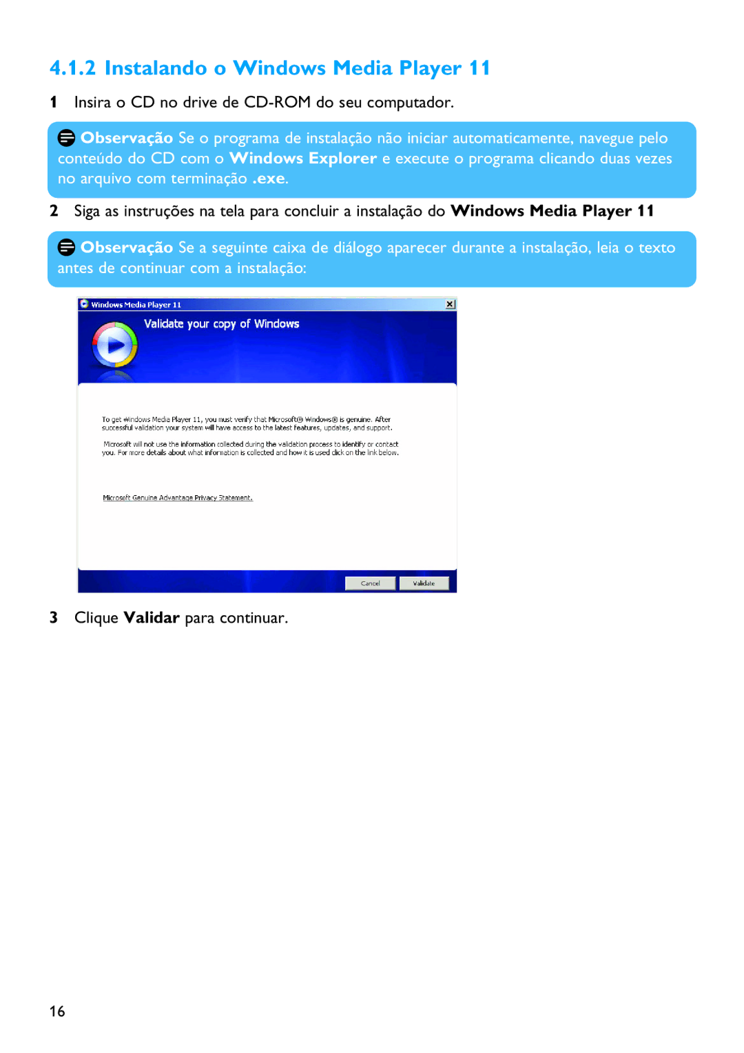 Philips SA6025, SA6045, SA6065, SA6087, SA6024, SA6015, SA6066, SA6044, SA6046, SA6014 manual Instalando o Windows Media Player 