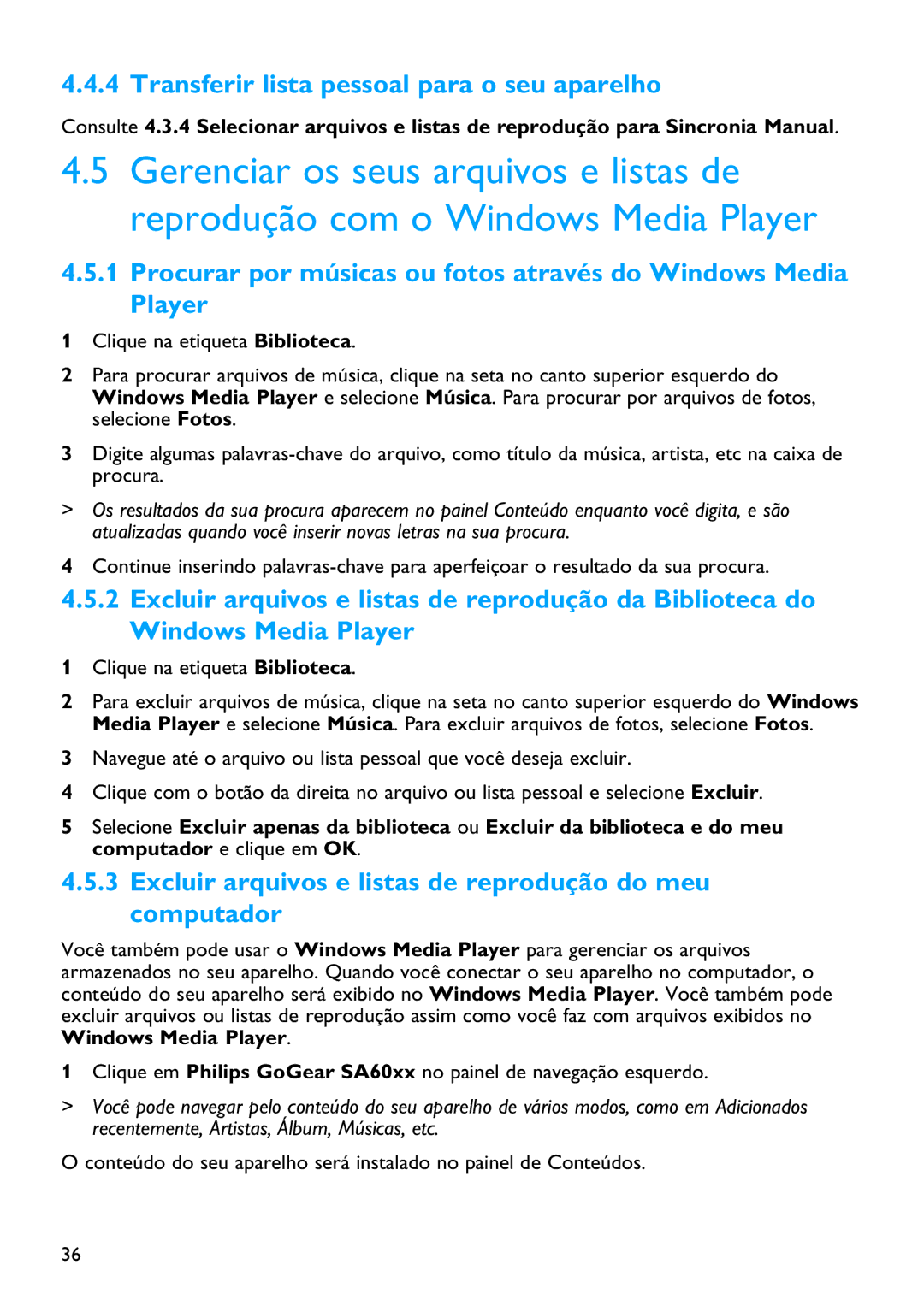 Philips SA6025 Transferir lista pessoal para o seu aparelho, Excluir arquivos e listas de reprodução do meu computador 