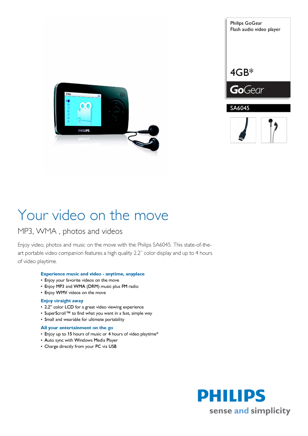 Philips SA6045/85 manual Experience music and video anytime, anyplace, Enjoy straight away 