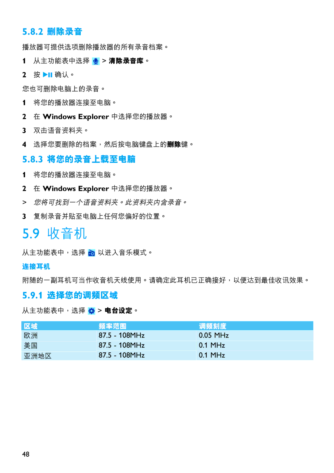 Philips SA6067 manual 收音機, 2 刪除錄音, 3 將您的錄音上載至電腦, 1 選擇您的調頻區域, Windows Explorer 中選擇您的播放器。 