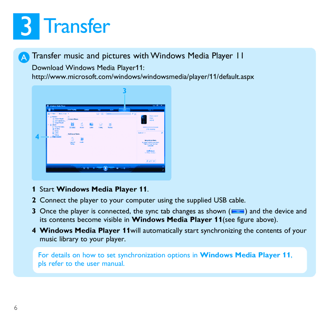 Philips SA6044, SA6087, SA6024, SA6066 Transfer music and pictures with Windows Media Player, Start Windows Media Player 