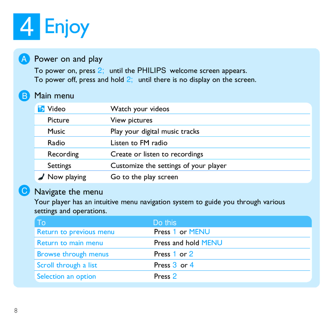 Philips SA6014, SA6087, SA6024, SA6066, SA6044, SA6046, SA6067 quick start Enjoy, Power on and play, Main menu, Navigate the menu 