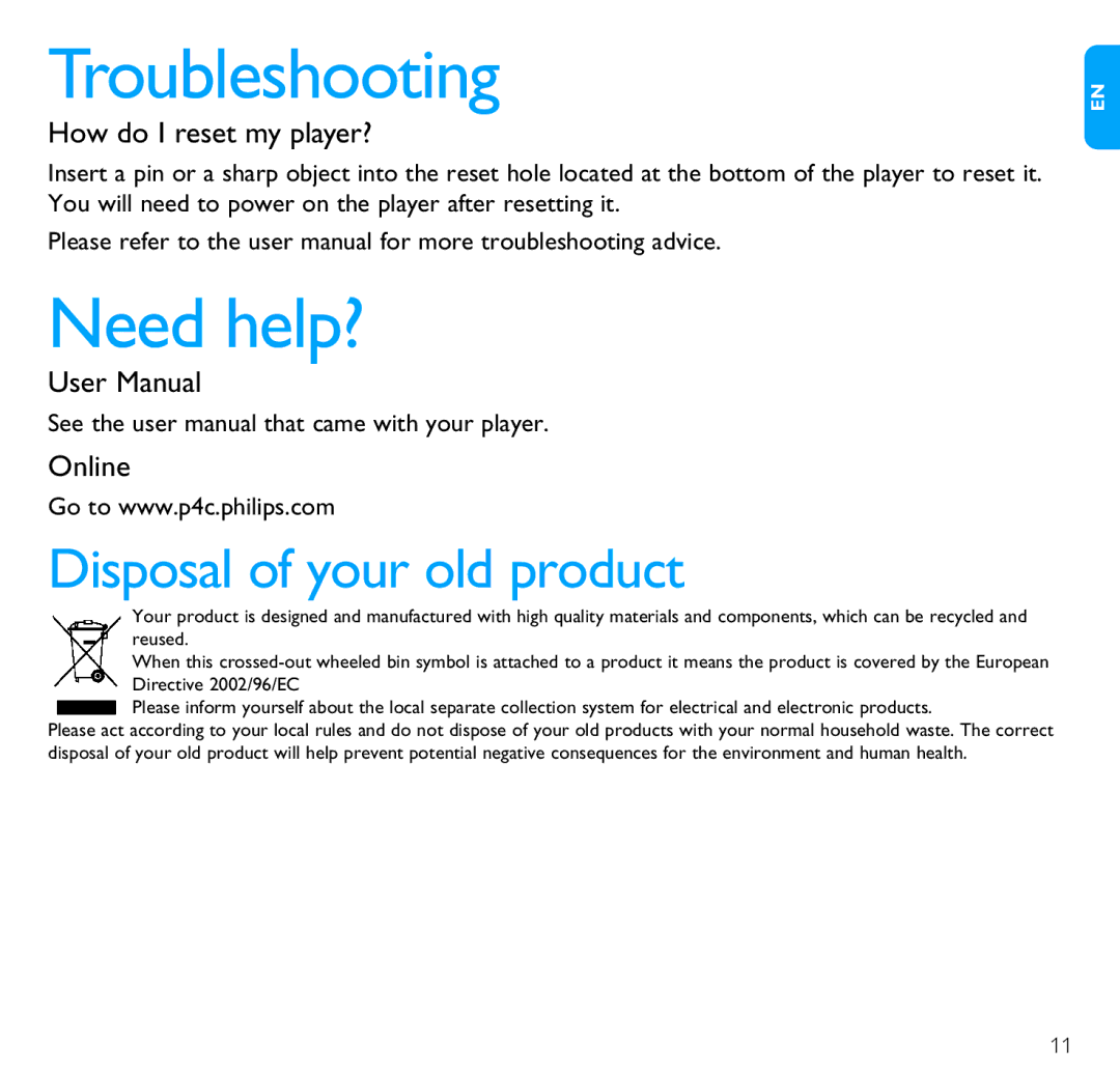 Philips SA6024, SA6087, SA6066, SA6044, SA6046, SA6014, SA6067 Troubleshooting, Need help?, How do I reset my player?, Online 