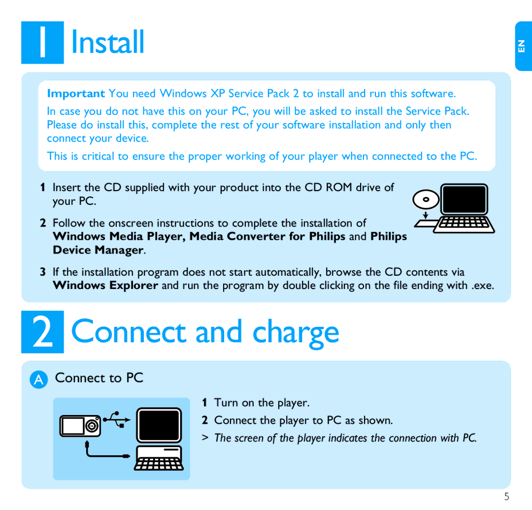 Philips SA6066, SA6087, SA6024, SA6044, SA6046, SA6014, SA6067 Install, Connect and charge, Connect to PC, Device Manager 