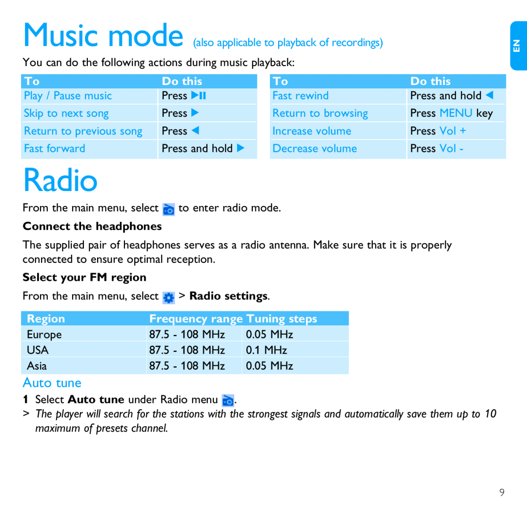 Philips SA6067, SA6087 Radio, Do this, Connect the headphones, Select your FM region, Region, Frequency range Tuning steps 
