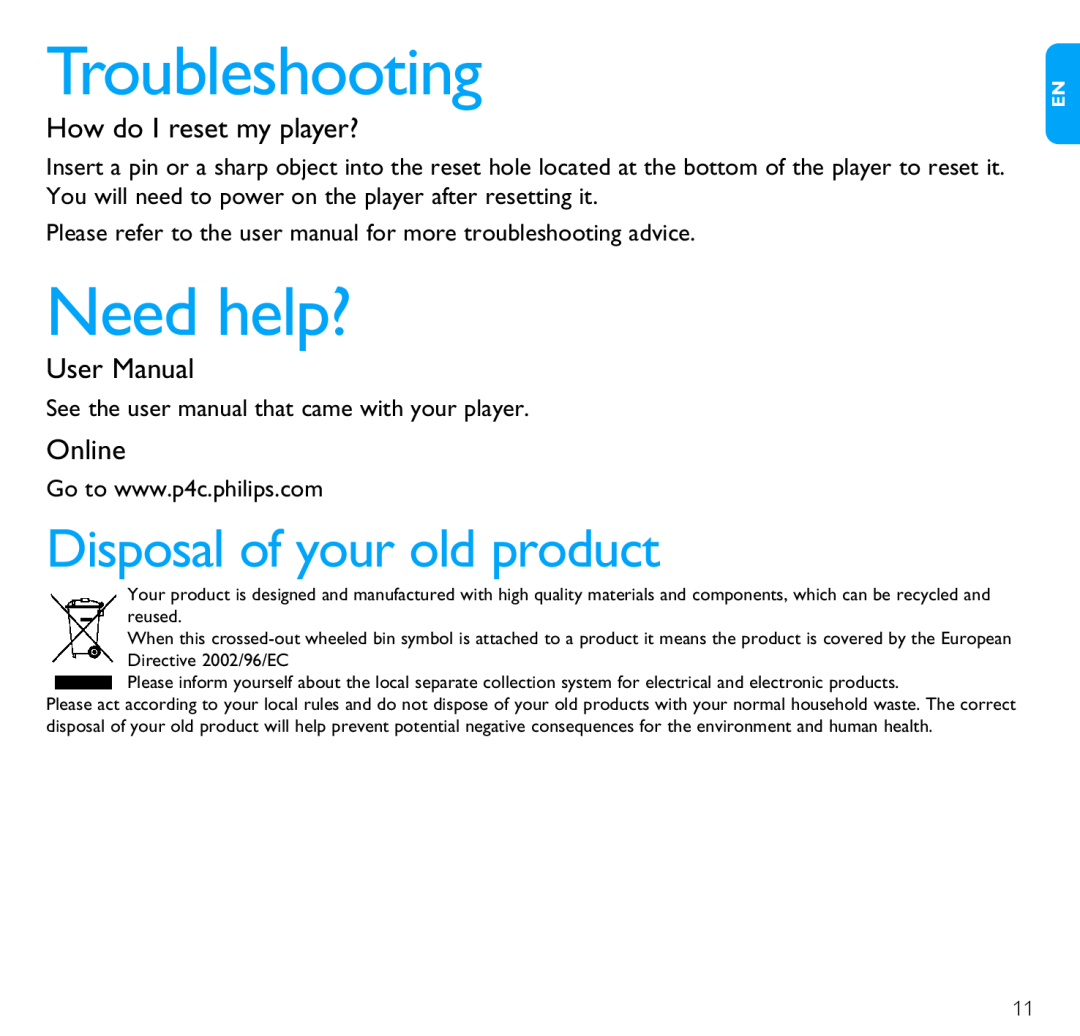 Philips SA6024 Troubleshooting, Need help?, Disposal of your old product, How do I reset my player?, User Manual, Online 