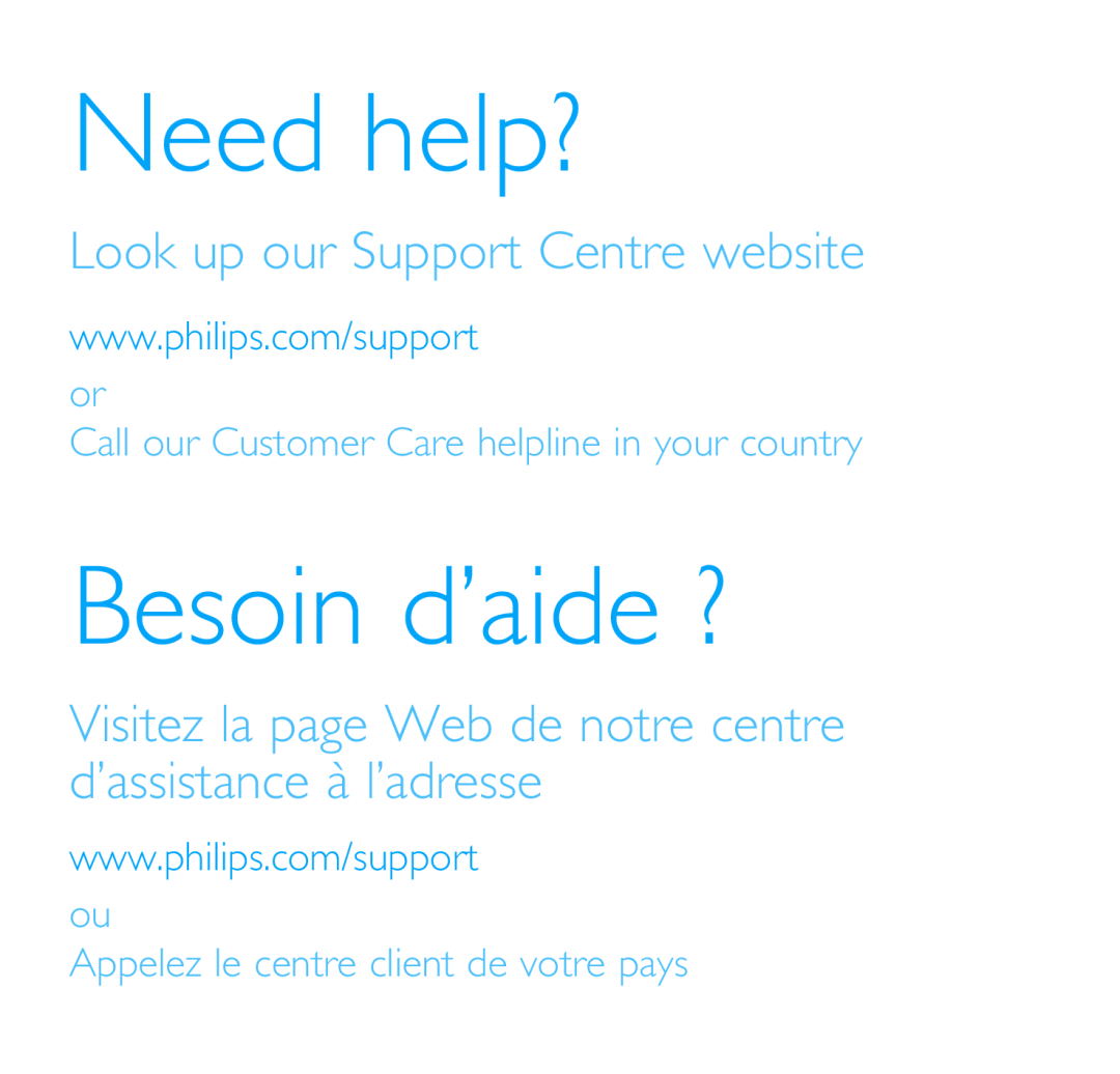 Philips SA6044 Need help?, Besoin d’aide ?, Look up our Support Centre website, ou Appelez le centre client de votre pays 