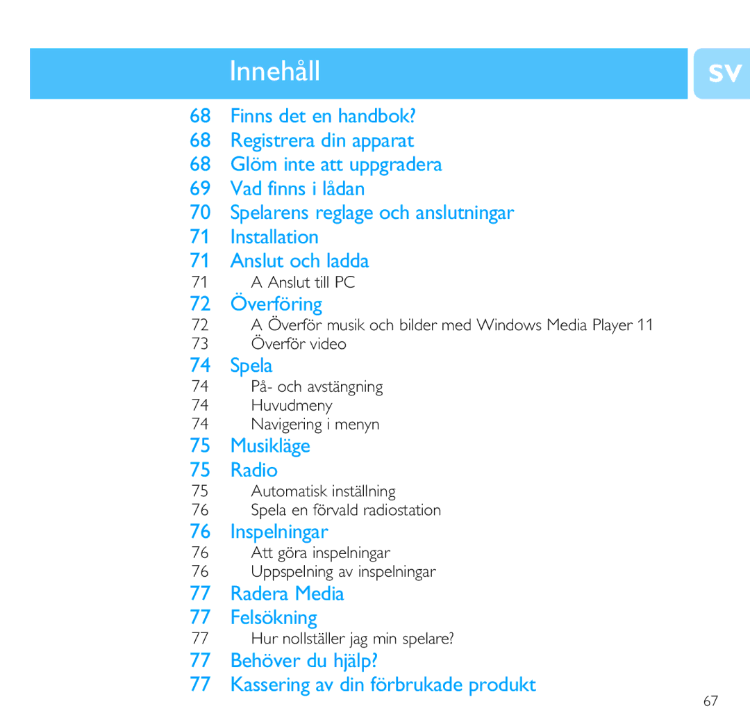 Philips SA6145 manual 72 Överföring, Spela, Musikläge Radio, Inspelningar, Radera Media Felsökning 