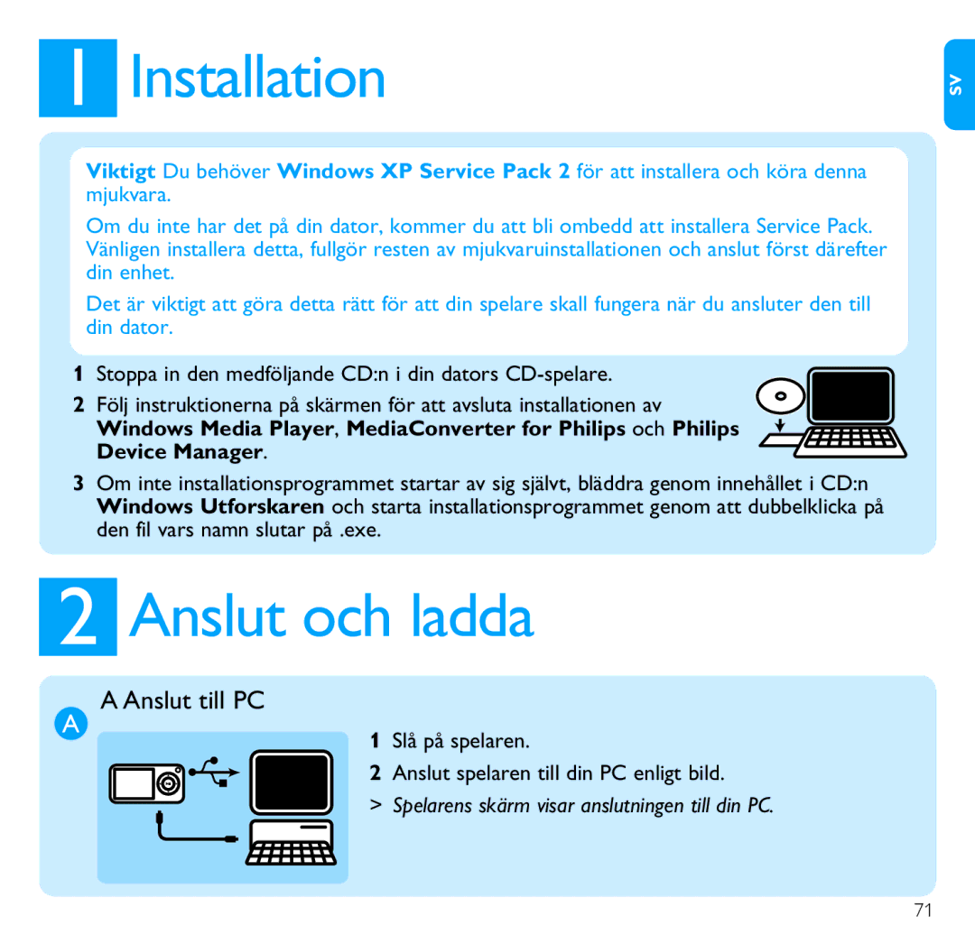 Philips SA6145 manual Installation, Anslut och ladda, Anslut till PC 