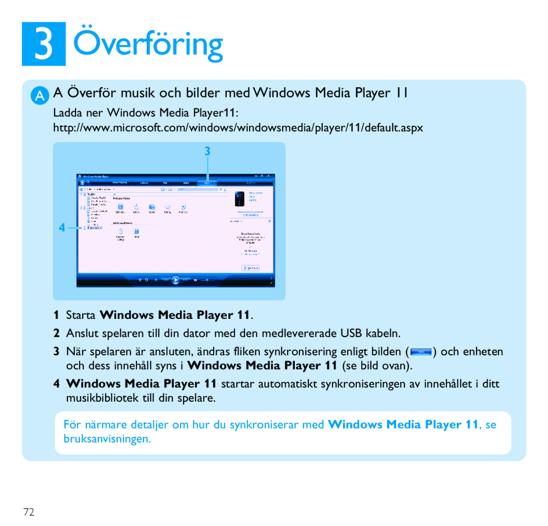 Philips SA6145 manual Överföring, Överför musik och bilder med Windows Media Player, Starta Windows Media Player 