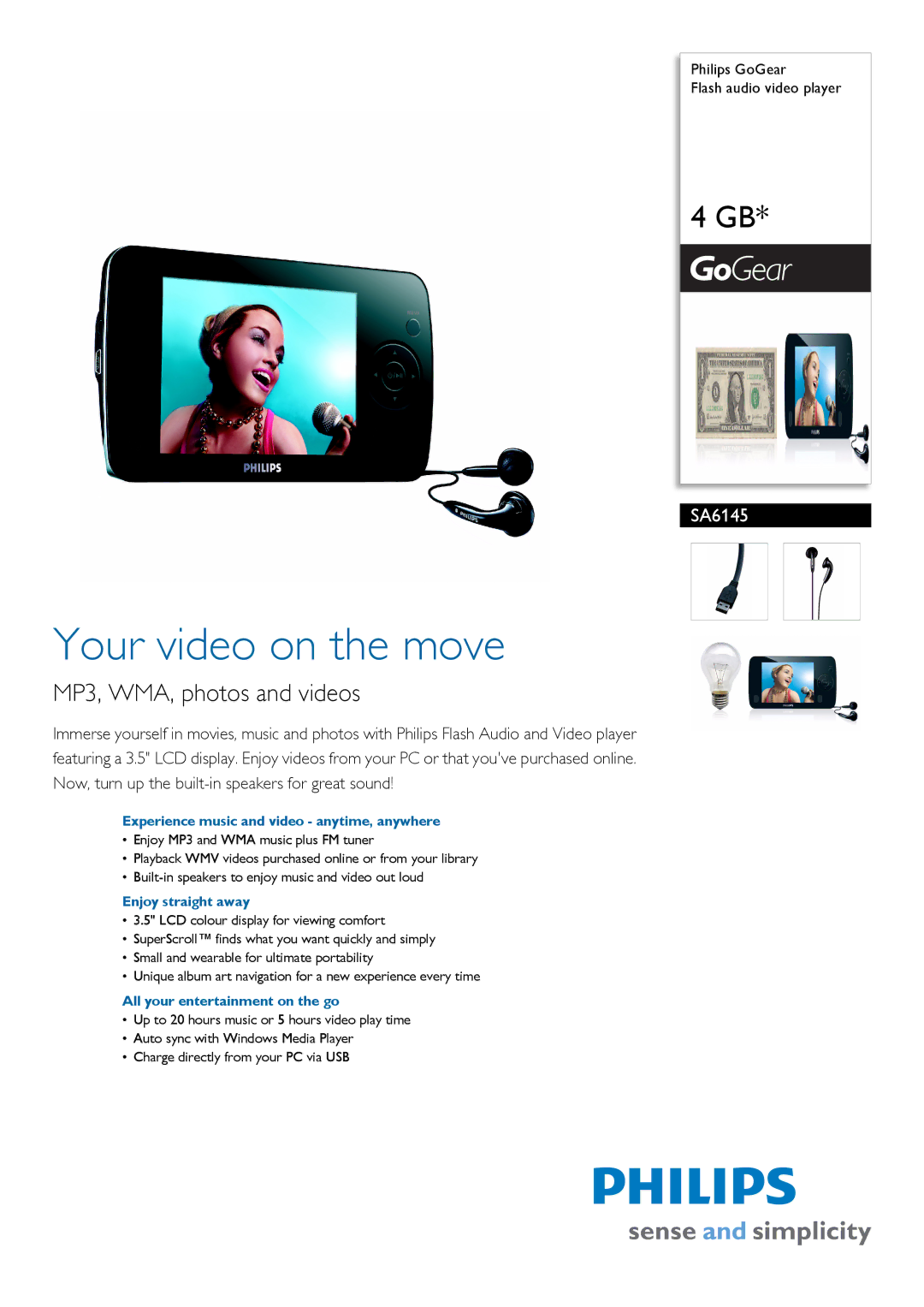 Philips SA6145/02 manual Experience music and video anytime, anywhere, Enjoy straight away 