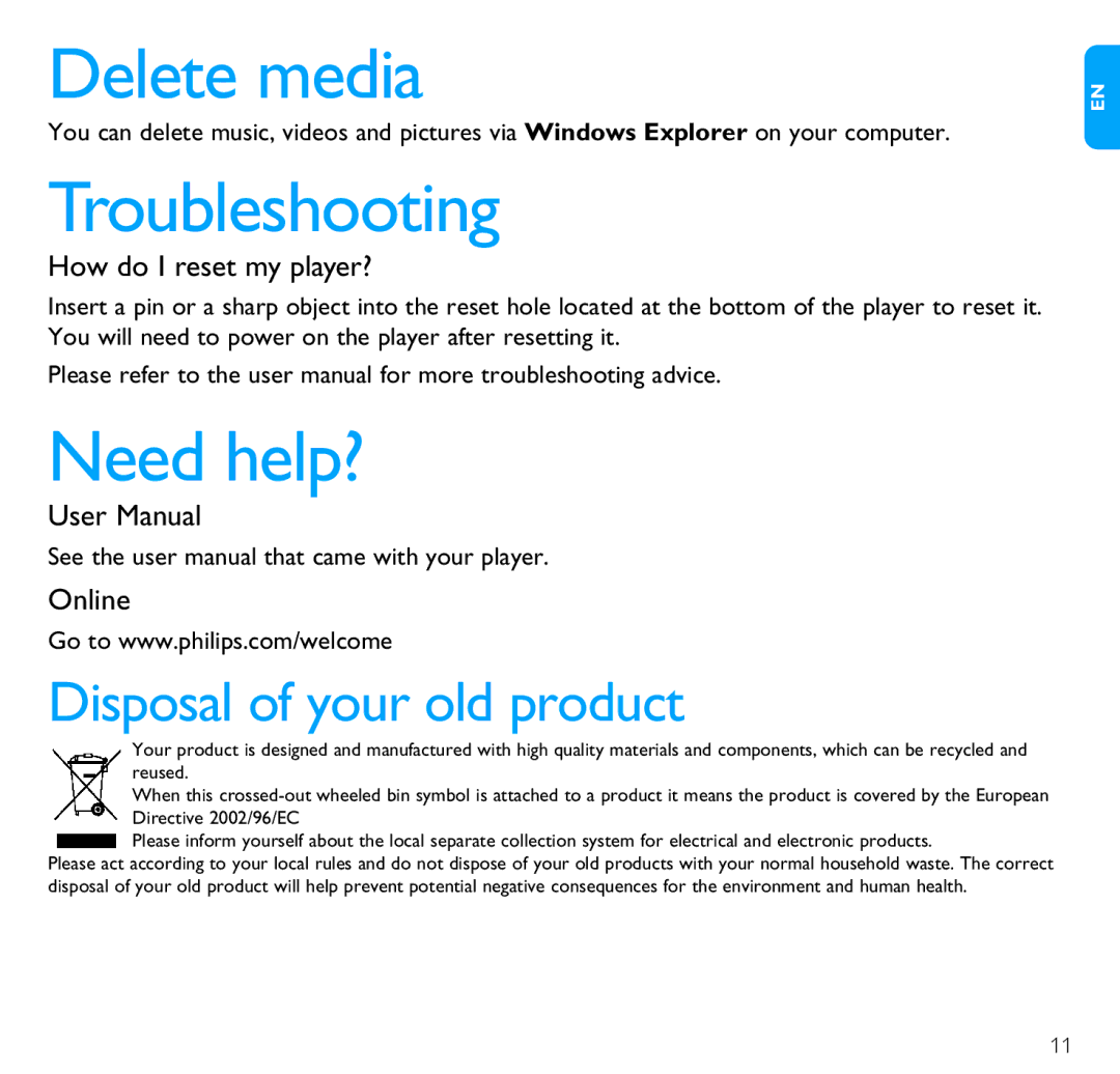 Philips SA6145, SA6185, SA6125 quick start Delete media, Troubleshooting, Need help?, How do I reset my player?, Online 