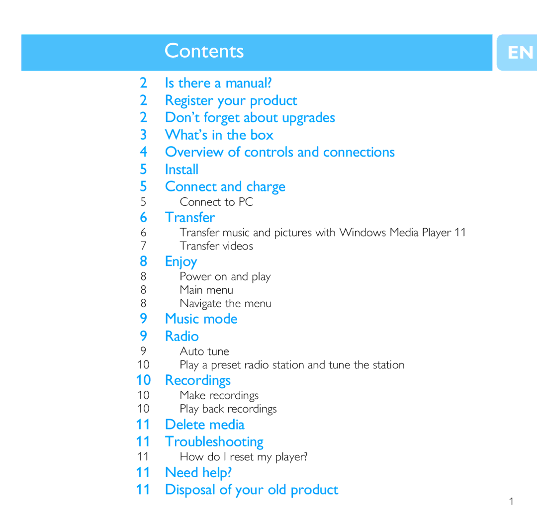 Philips SA6185, SA6145, SA6125 quick start Contents 