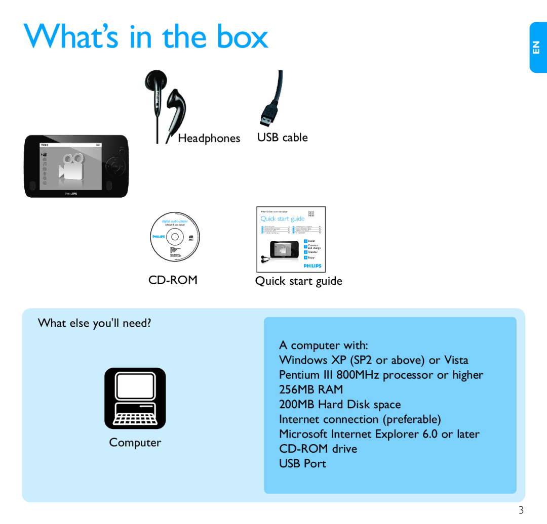 Philips SA6125, SA6185, SA6145 quick start What’s in the box, Cd-Rom 