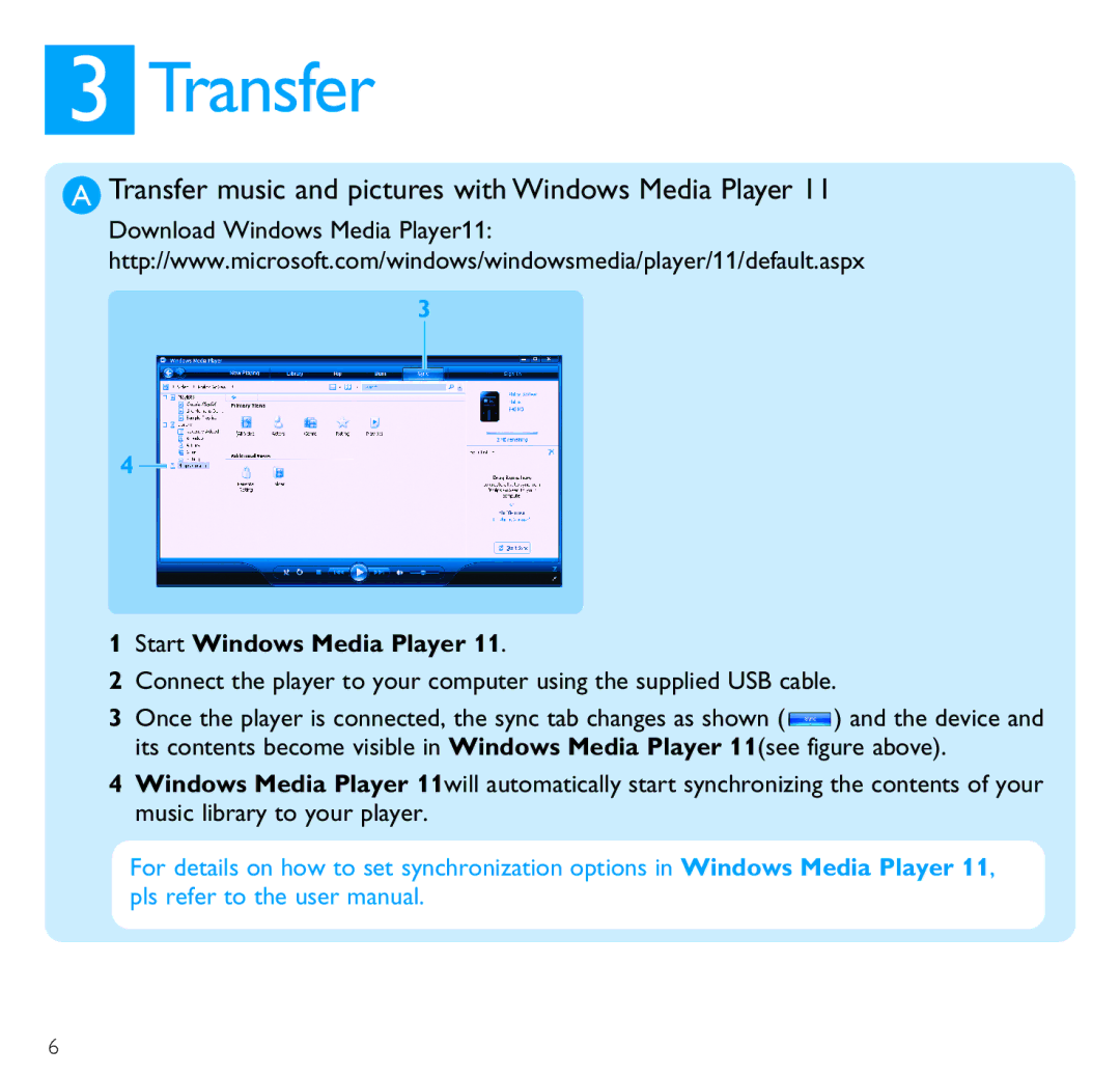 Philips SA6125, SA6185, SA6145 Transfer music and pictures with Windows Media Player, Start Windows Media Player 