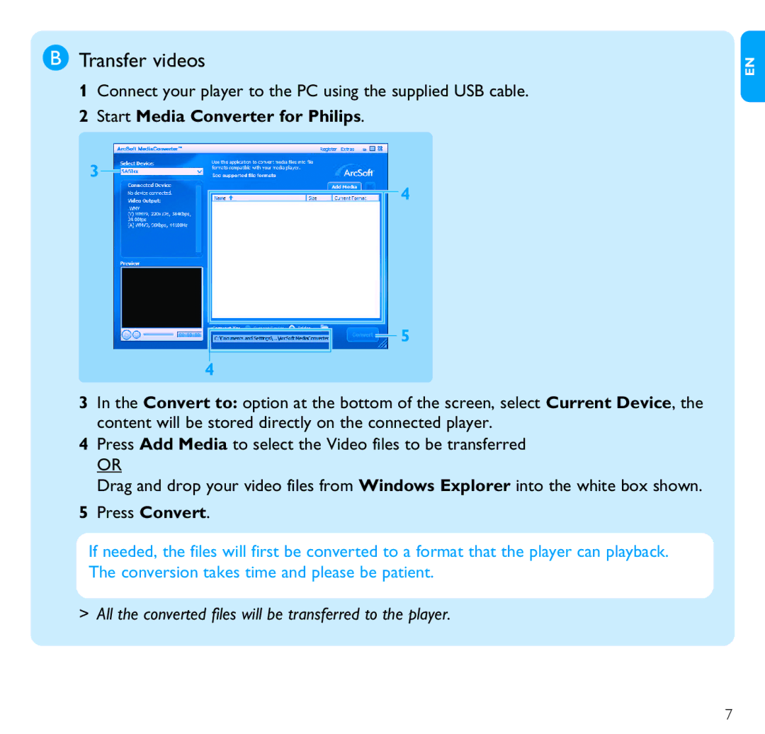 Philips SA6185, SA6145, SA6125 quick start Transfer videos, Start Media Converter for Philips 