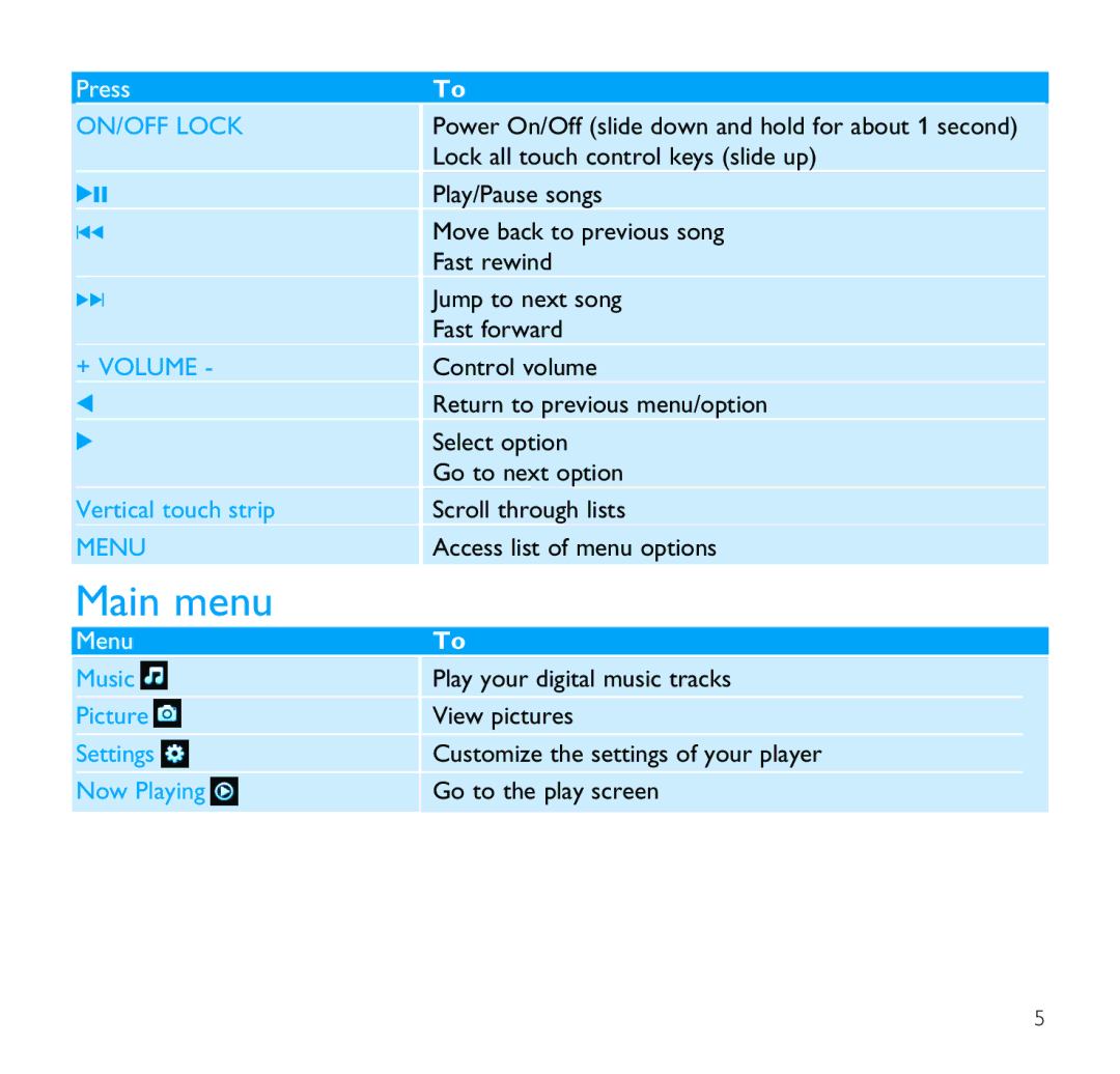 Philips SA9100 user manual Main menu, ON/OFF Lock 