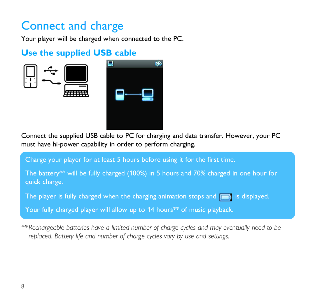 Philips SA9100 user manual Connect and charge, Use the supplied USB cable 