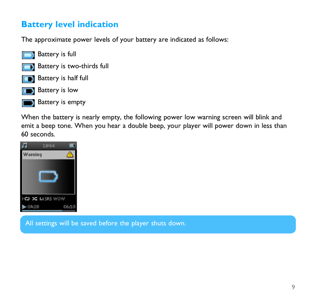 Philips SA9100 user manual Battery level indication 