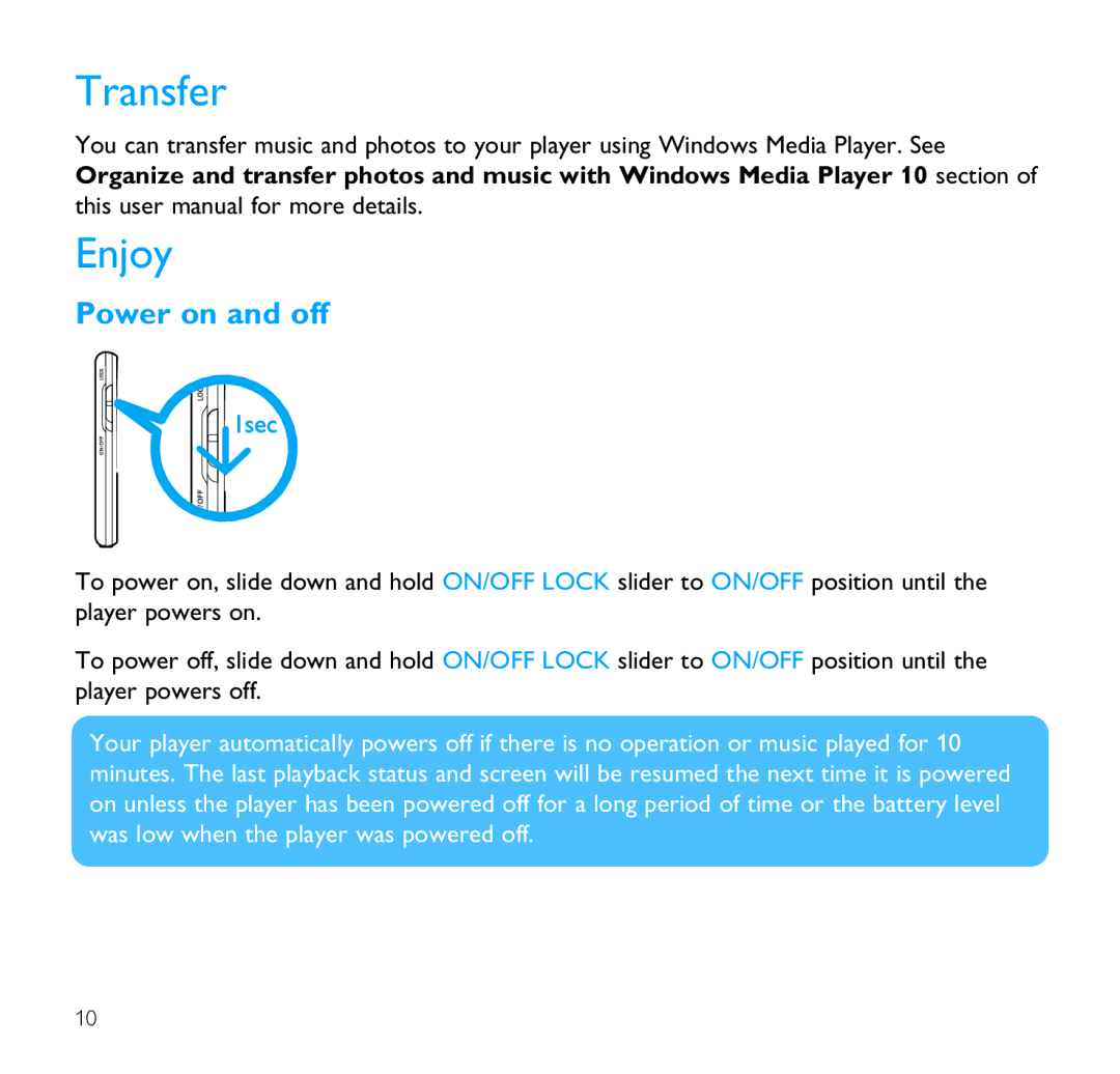 Philips SA9100 user manual Transfer Enjoy, Power on and off 