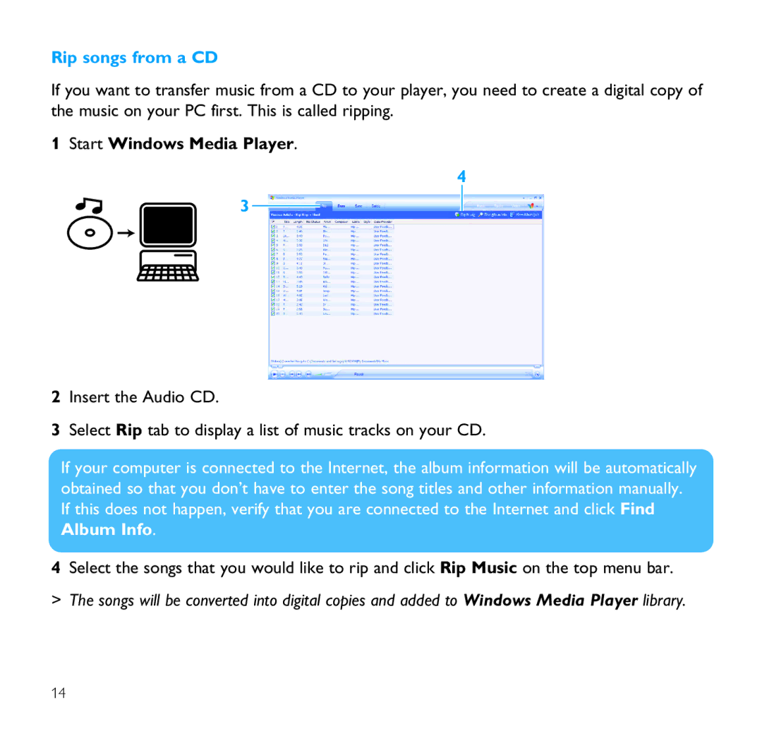 Philips SA9100 user manual Rip songs from a CD, Start Windows Media Player 