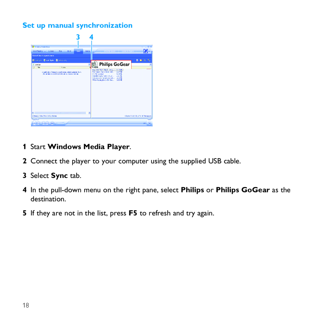 Philips SA9100 user manual Set up manual synchronization 3 