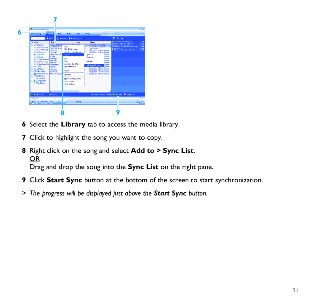 Philips SA9100 user manual Progress will be displayed just above the Start Sync button 