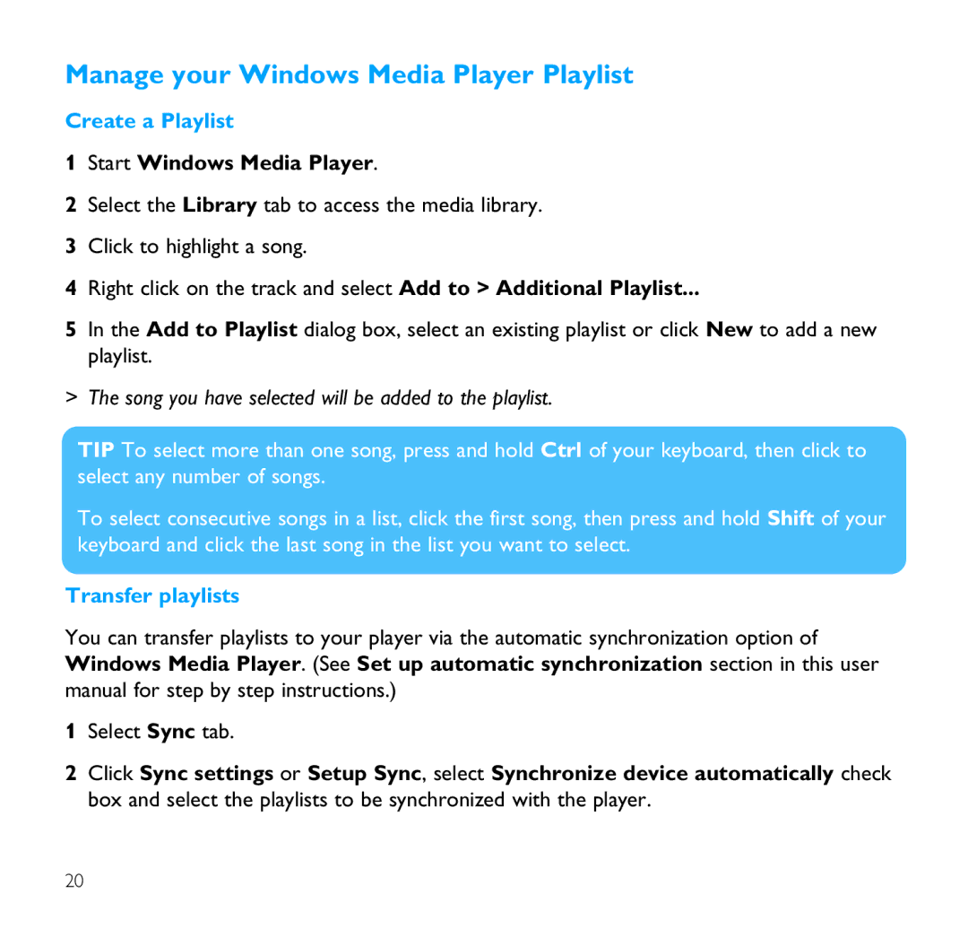 Philips SA9100 user manual Manage your Windows Media Player Playlist, Create a Playlist, Transfer playlists 