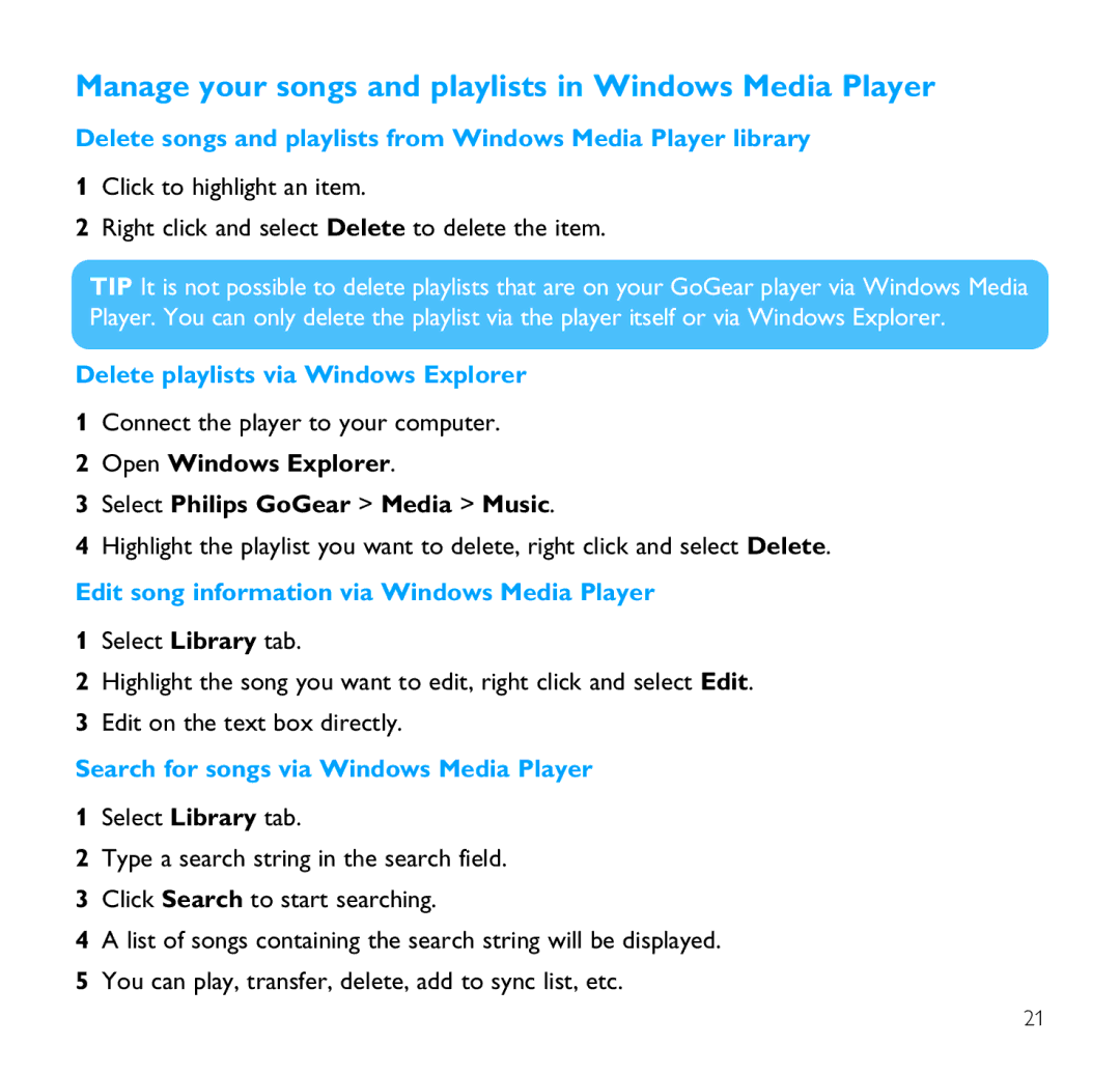 Philips SA9100 user manual Manage your songs and playlists in Windows Media Player, Delete playlists via Windows Explorer 