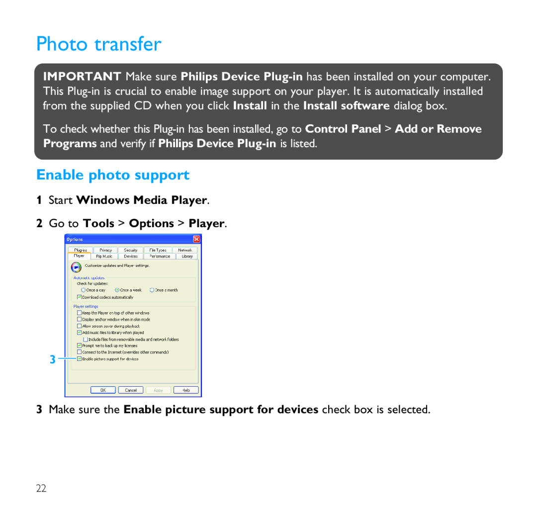 Philips SA9100 user manual Photo transfer, Enable photo support, Start Windows Media Player Go to Tools Options Player 