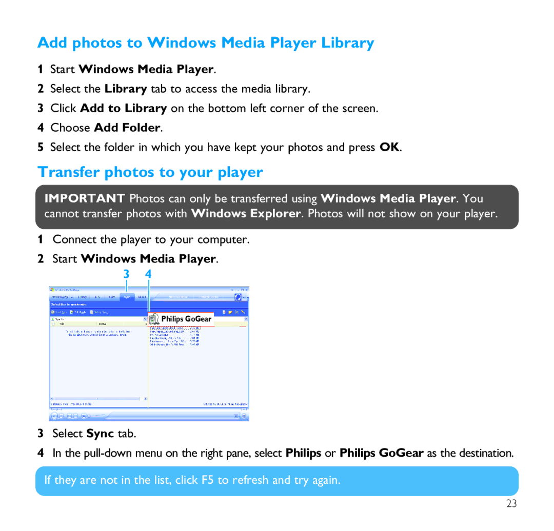 Philips SA9100 user manual Add photos to Windows Media Player Library, Transfer photos to your player, Choose Add Folder 