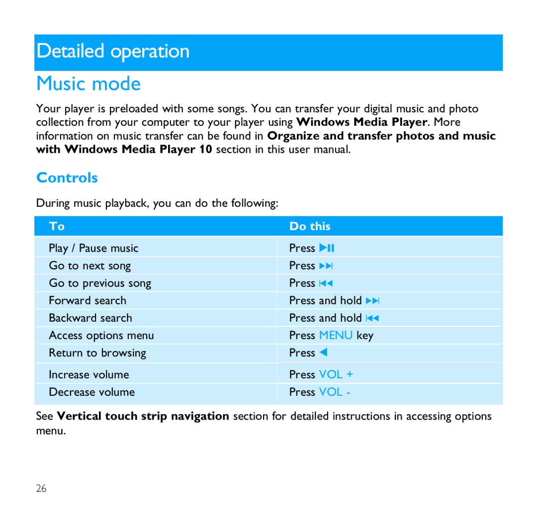 Philips SA9100 user manual Detailed operation, Music mode, Controls 