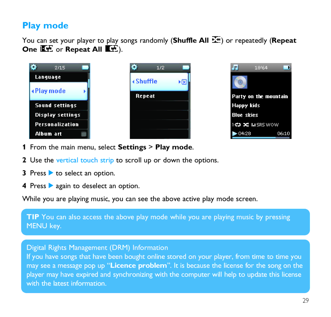 Philips SA9100 user manual Play mode, One or Repeat All 