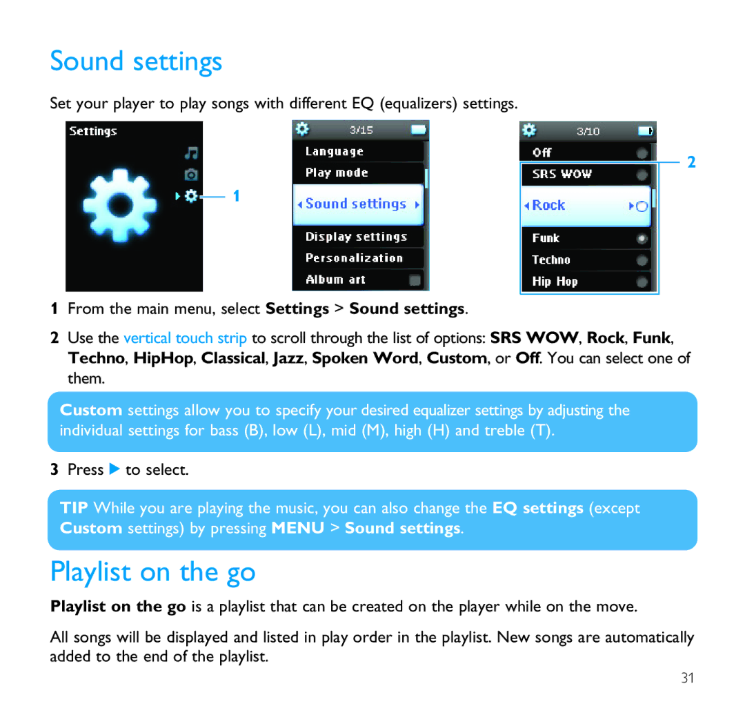 Philips SA9100 user manual Sound settings, Playlist on the go 