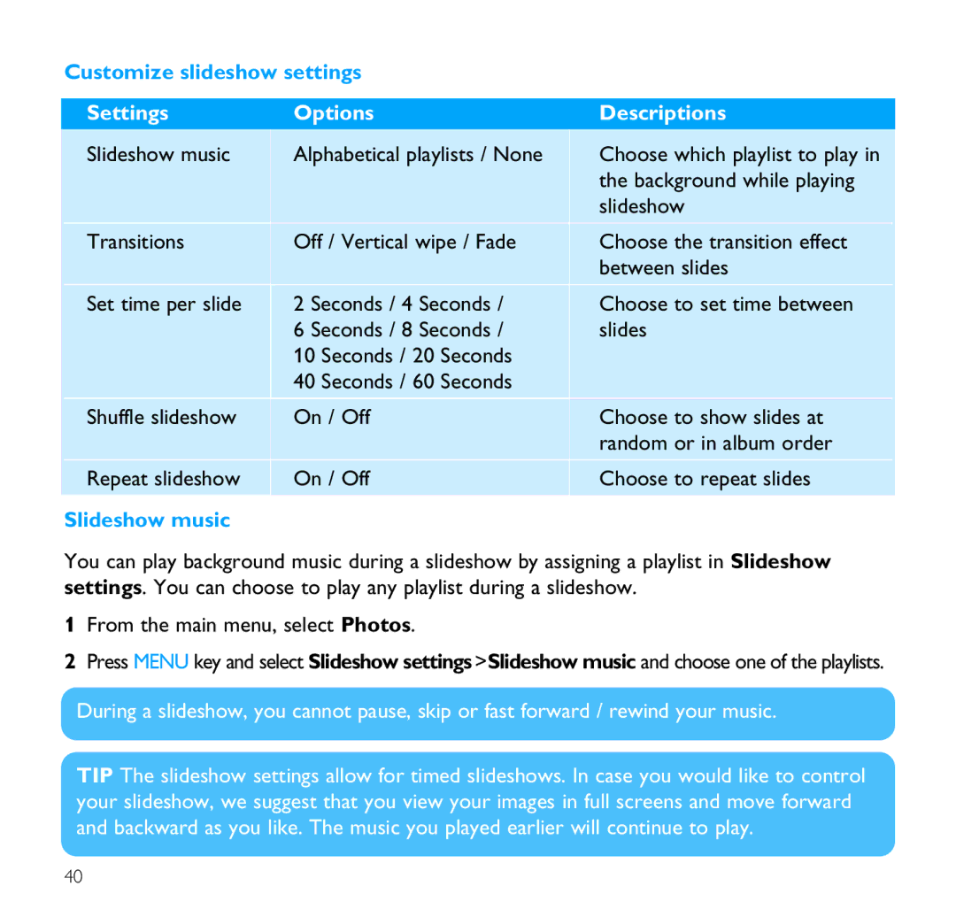 Philips SA9100 user manual Customize slideshow settings, Slideshow music 