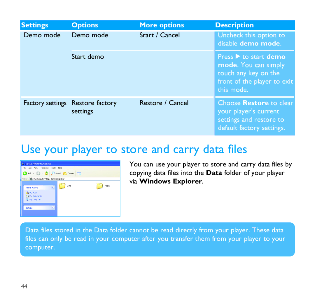 Philips SA9100 user manual Use your player to store and carry data files 