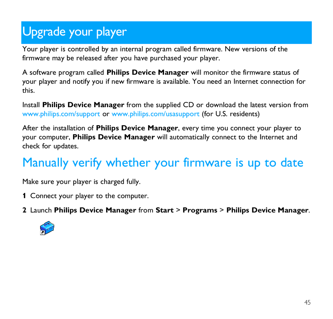 Philips SA9100 user manual Upgrade your player, Manually verify whether your firmware is up to date 