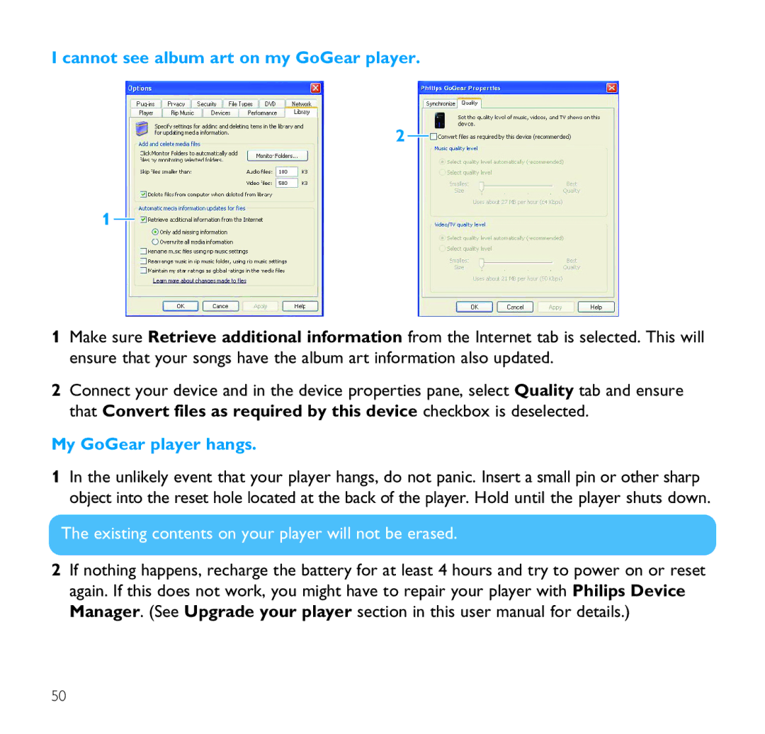 Philips SA9100 user manual Cannot see album art on my GoGear player, My GoGear player hangs 