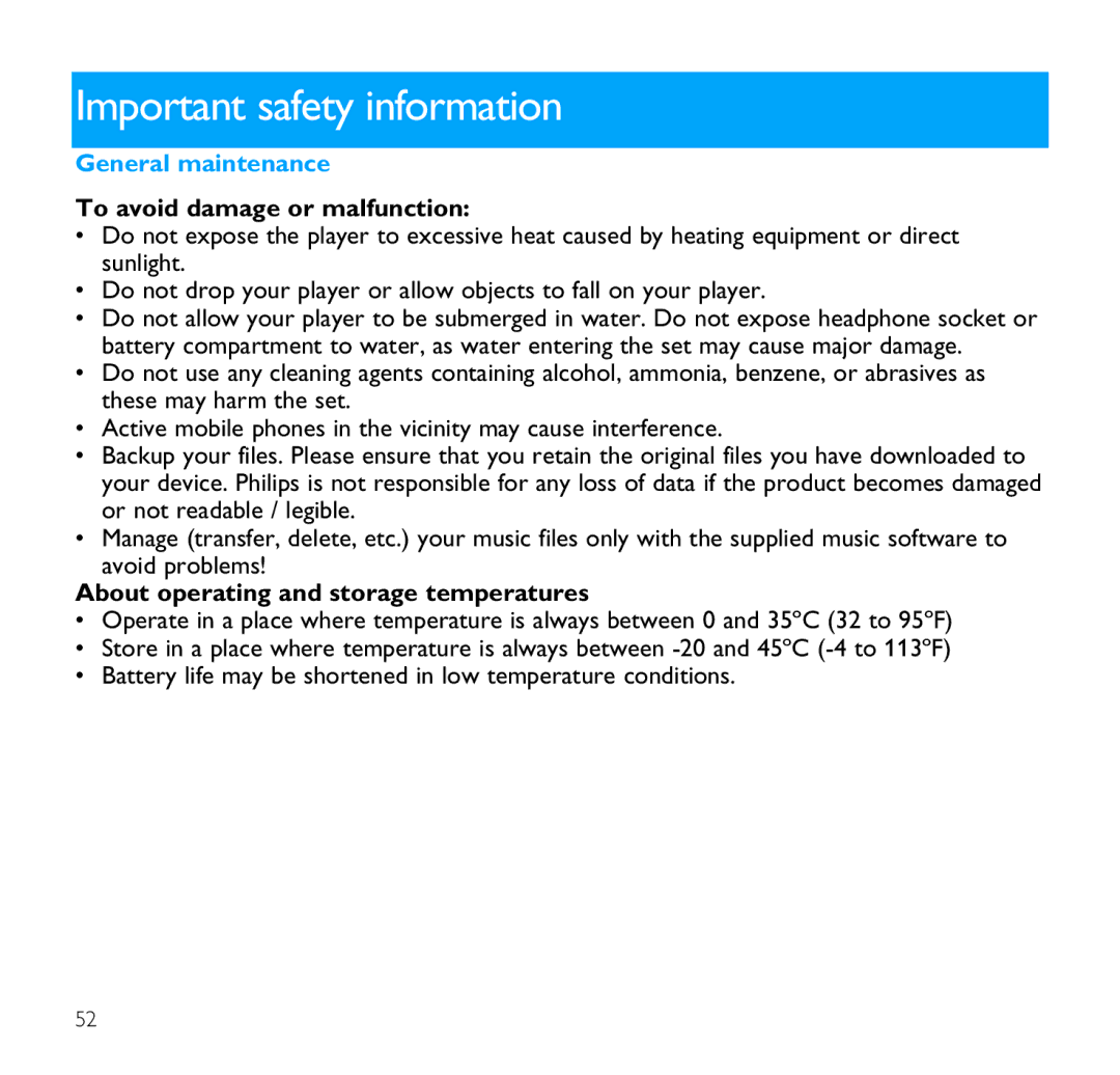 Philips SA9100 user manual Important safety information, General maintenance, To avoid damage or malfunction 