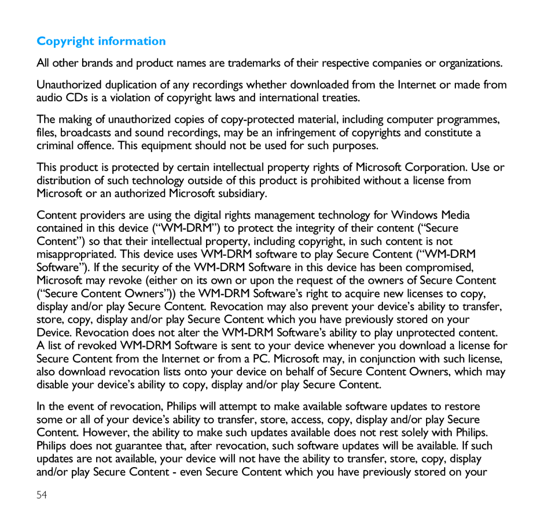 Philips SA9100 user manual Copyright information 