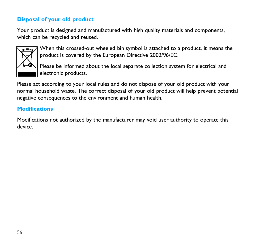 Philips SA9100 user manual Disposal of your old product, Modifications 