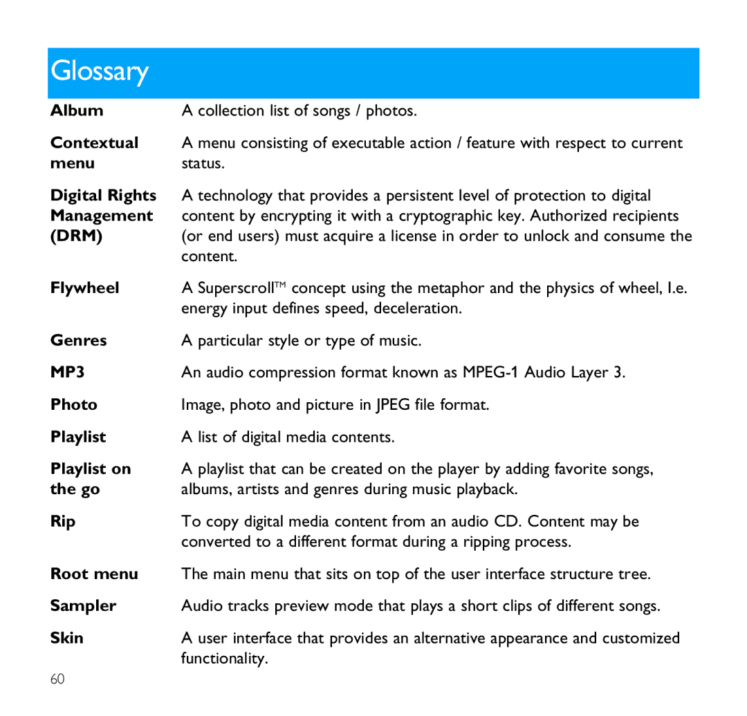 Philips SA9100 user manual Glossary 