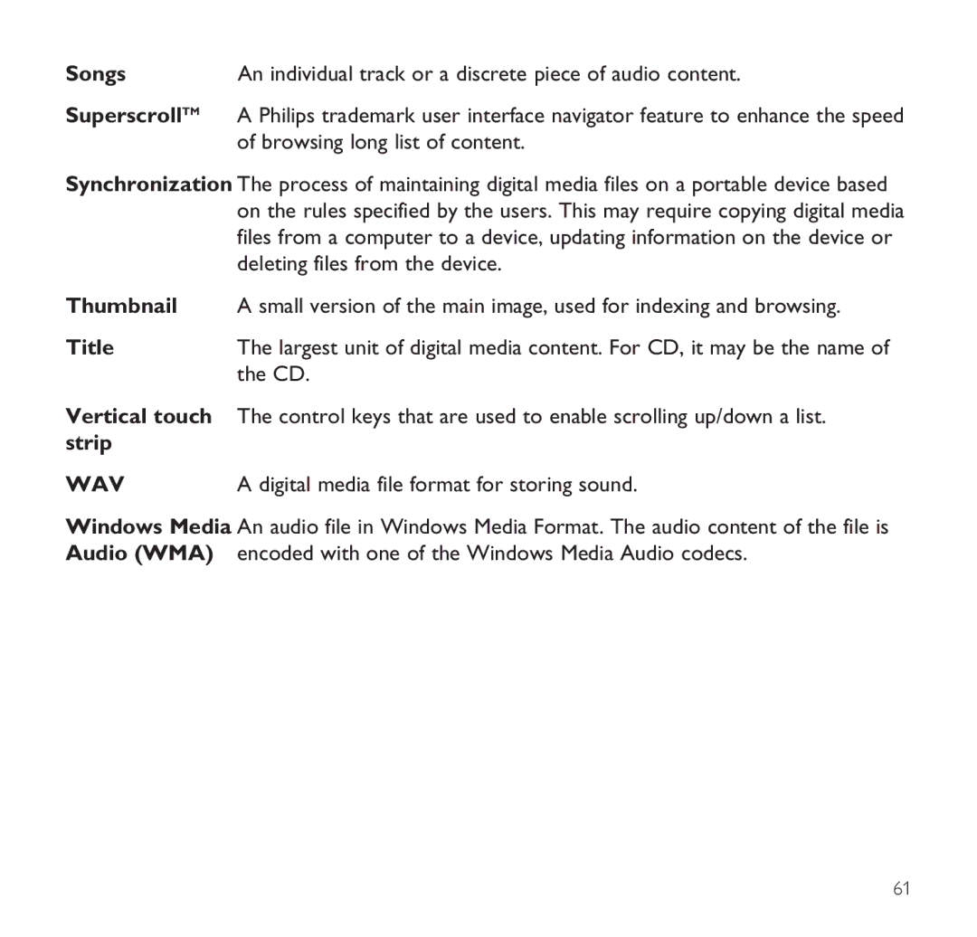 Philips SA9100 user manual Browsing long list of content, Thumbnail, Title, Digital media file format for storing sound 