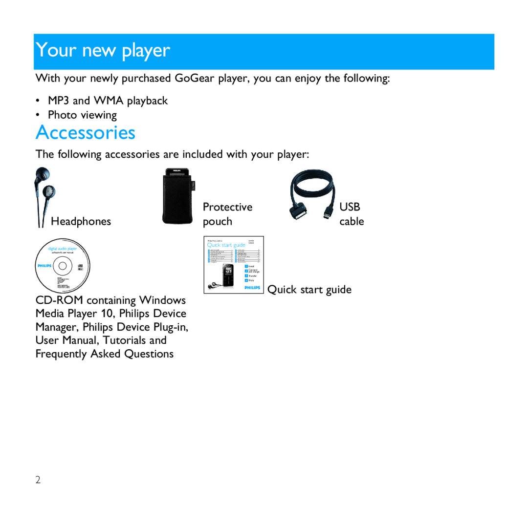 Philips SA9100 user manual Your new player, Accessories 