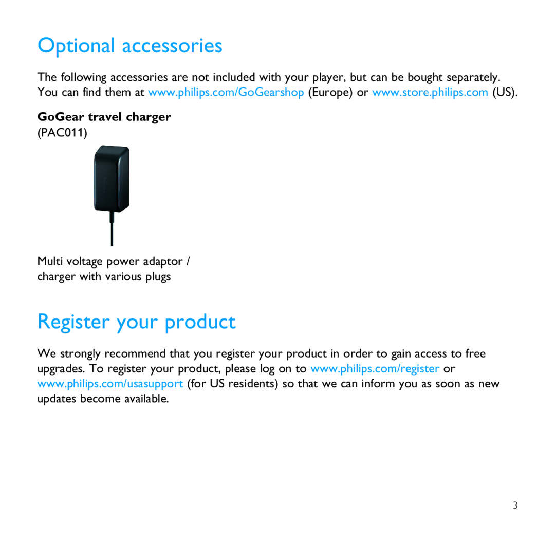 Philips SA9100 user manual Optional accessories, Register your product, GoGear travel charger 