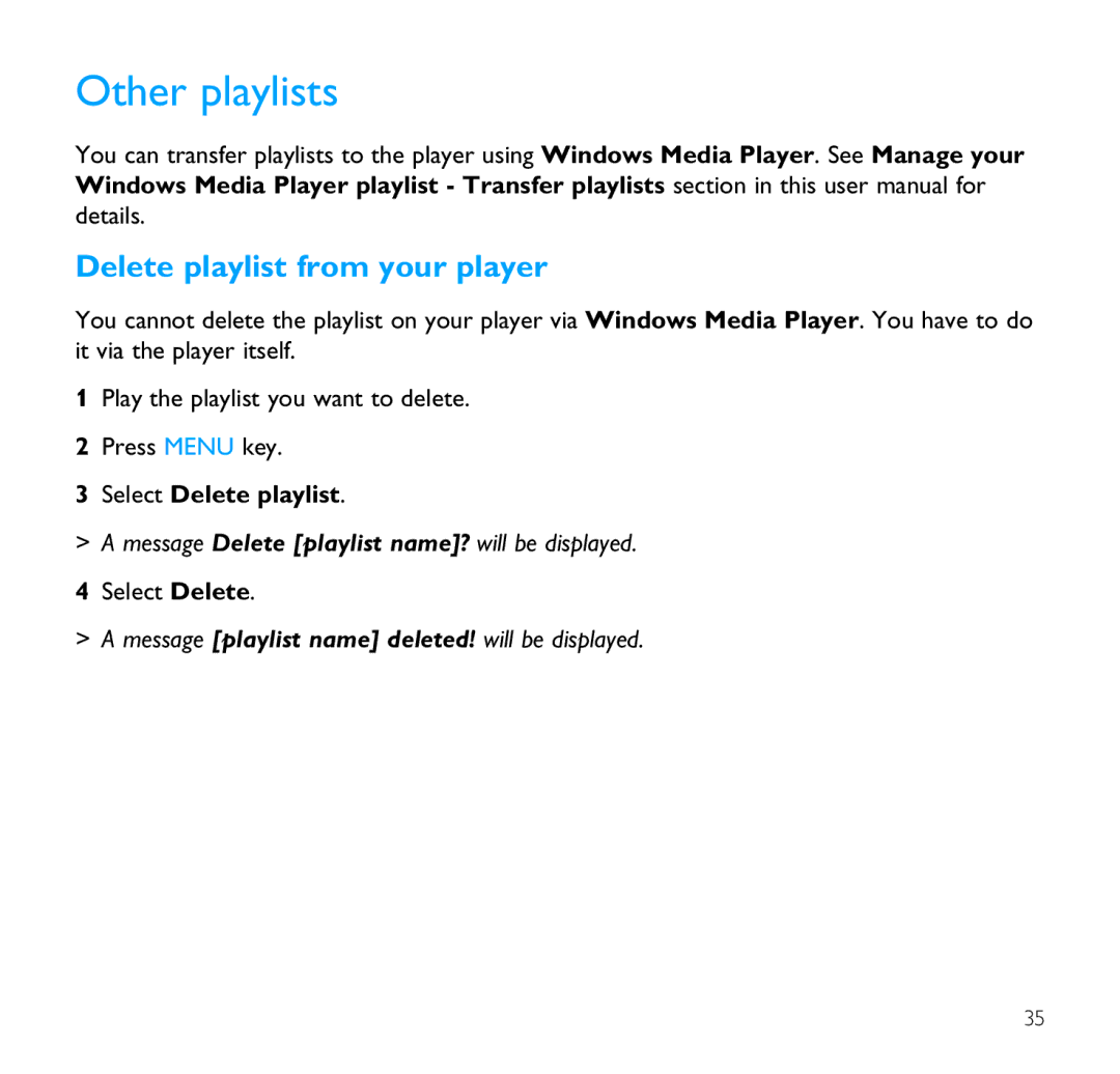 Philips SA9100/SA9200 user manual Other playlists, Delete playlist from your player, Select Delete playlist 