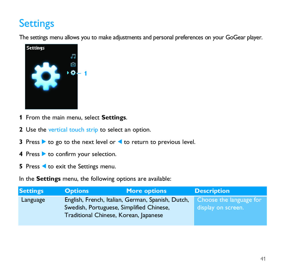 Philips SA9100/SA9200 user manual Settings 