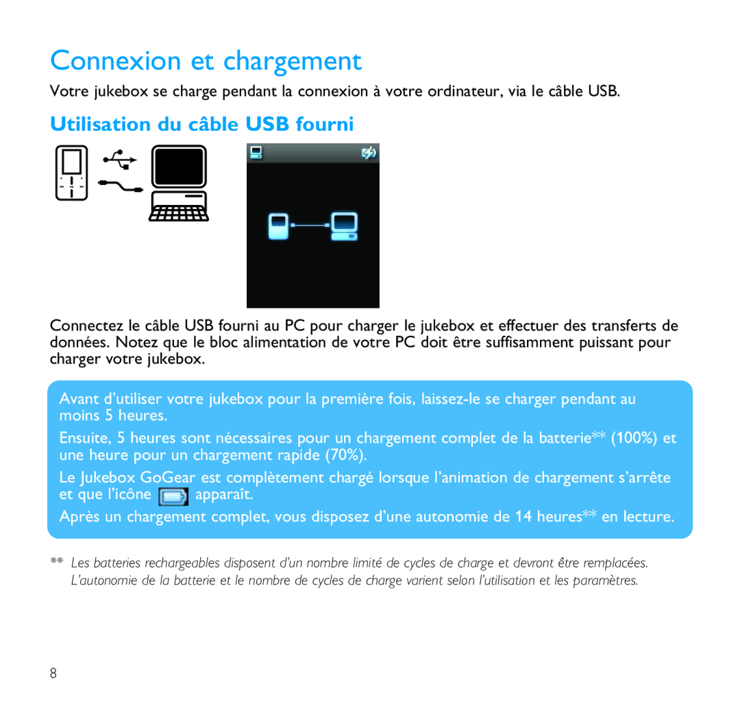 Philips SA9100, SA9200 manual Connexion et chargement, Utilisation du câble USB fourni 