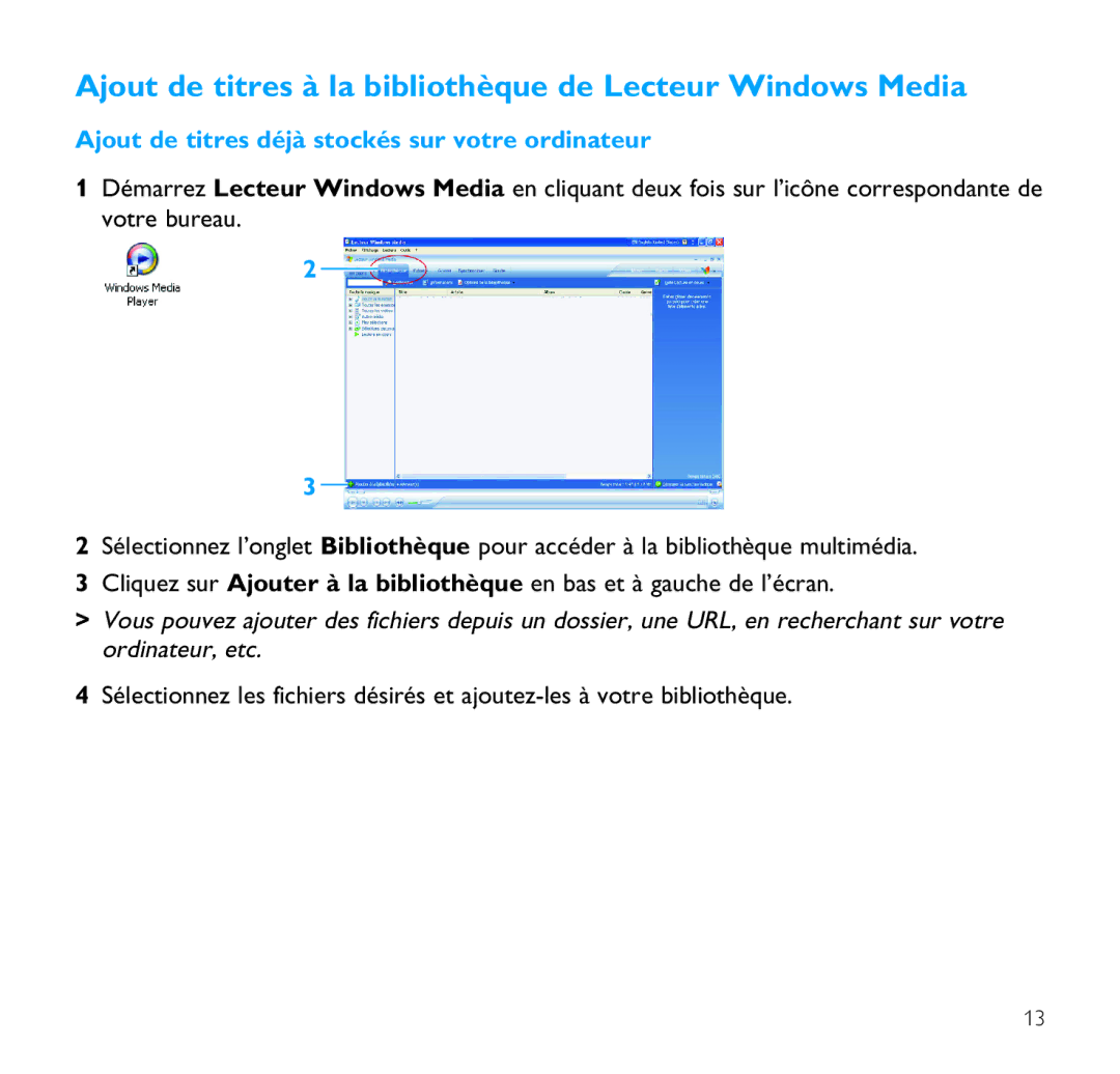 Philips SA9200, SA9100 manual Ajout de titres à la bibliothèque de Lecteur Windows Media 